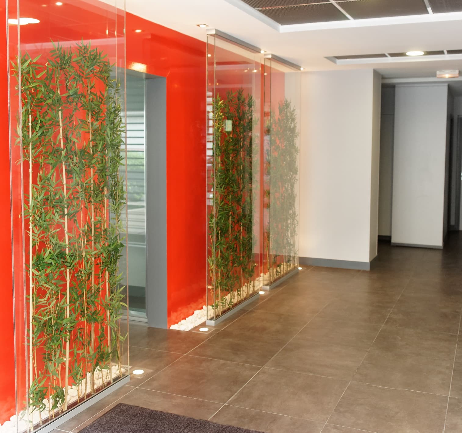 Accueil CGE avec cloisons vitrées, paroi rouge et plantations.